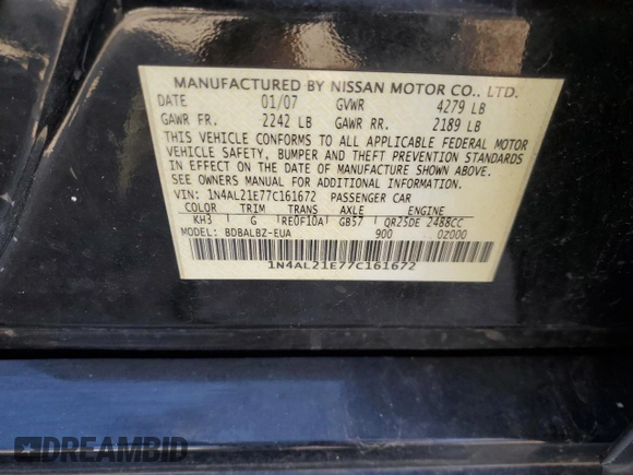 2007 Nissan Altima 2.5 with VIN 1N4AL21E77C161672, listed as a Copart auction lot 52124795 with 181,825 mi miles and Salvage Title. Bid and sale history available at carsss.com. Image 12.
