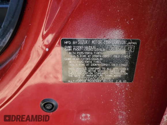 2012 Suzuki Grand Vitara Premium с VIN JS3TD0D65C4100898, выставлен на аукционе Copart как лот 87241744 с пробегом Не указан миль и Списание • Salvage title. История ставок и продаж доступна на DreamBid. Изображение 13.