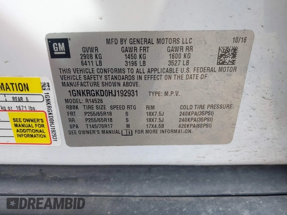 2017 Chevrolet Traverse LT with VIN 1GNKRGKD0HJ192931, listed as a IAAI auction lot 41692850 with 129,266 mi miles and . Bid and sale history available at DreamBid. Image 9.
