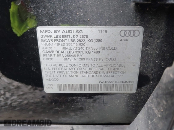 2020 Audi Q5 S line Prestige with VIN WA1F2AFY0L2045966, listed as a IAAI auction lot 41820515 with 60,550 mi miles. Bid and sale history available at carsss.com. Image 9.