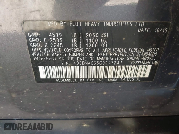 2016 Subaru Legacy 2.5i Premium with VIN 4S3BNAC65G3017241, listed as a IAAI auction lot 41697609 with 164,076 mi miles. Bid and sale history available at carsss.com. Image 9.