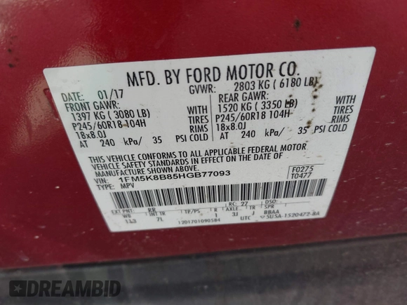 2017 Ford Explorer with VIN 1FM5K8B85HGB77093, listed as a IAAI auction lot 41845688 with 124,275 mi miles and . Bid and sale history available at DreamBid. Image 9.