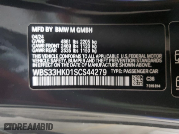 2025 BMW M4 Competition xDrive with VIN WBS33HK01SCS44279, listed as a Copart auction lot 52850015 with 8,369 mi miles and Clean Title. Bid and sale history available at carsss.com. Image 12.