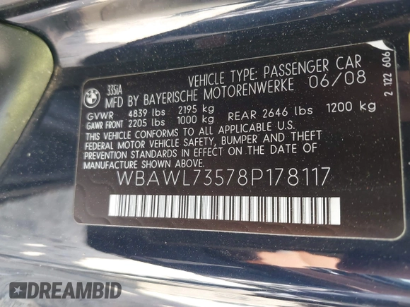 2008 BMW 3 Series 335i with VIN WBAWL73578P178117, listed as a IAAI auction lot 41908699 with 93,844 mi miles and . Bid and sale history available at carsss.com. Image 9.
