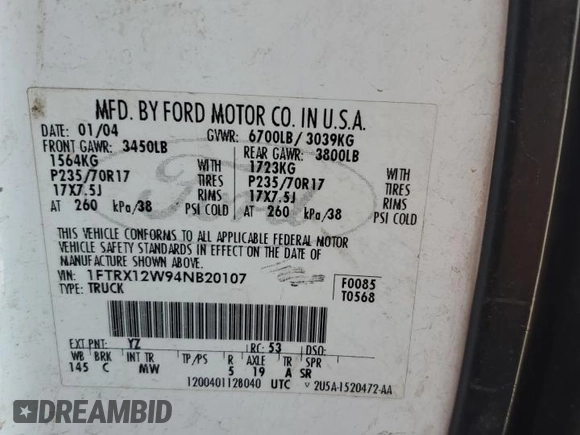 2004 Ford F-150 STX with VIN 1FTRX12W94NB20107, listed as a Copart auction lot 54849735 with Not provided miles and Salvage title. Bid and sale history available at DreamBid. Image 12.
