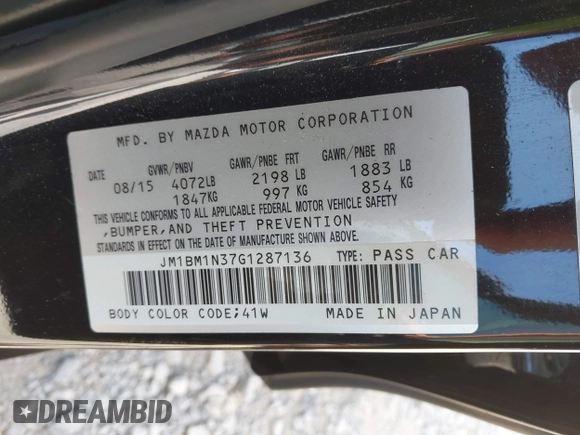 2016 Mazda 3 S Grand Touring z VIN JM1BM1N37G1287136, wystawiony jako IAAI lot #42171368 z przebiegiem 155 685 mil mil oraz . Historia ofert i sprzedaży dostępna na DreamBid. Obrazek 9.