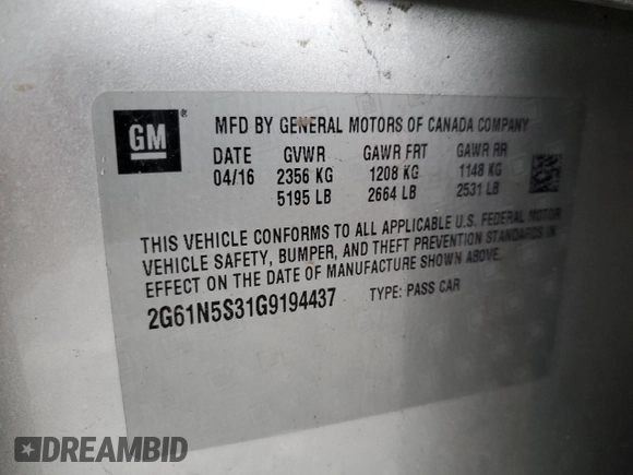 2016 Cadillac XTS Luxury Collection with VIN 2G61N5S31G9194437, listed as a Copart auction lot 56017485 with 75,979 mi miles and Salvage title. Bid and sale history available at DreamBid. Image 12.