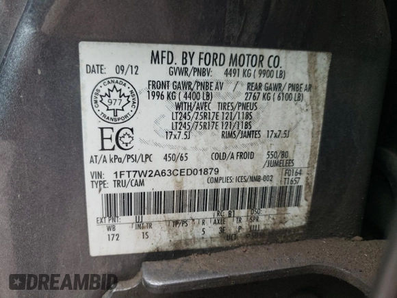 2012 Ford F-250 XL with VIN 1FT7W2A63CED01879, listed as a Copart auction lot 82196444 with 258,305 mi miles and Clean title. Bid and sale history available at DreamBid. Image 13.