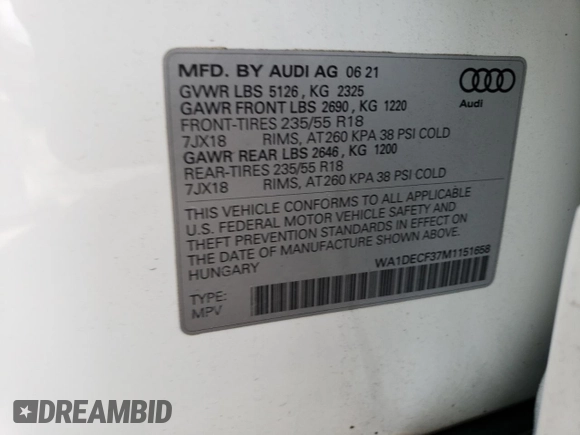 2021 Audi Q3 S line Premium with VIN WA1DECF37M1151658, listed as a Copart auction lot 39878683 with 12,263 mi miles. Bid and sale history available at carsss.com. Image 13.