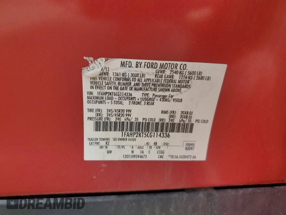 2012 Ford Taurus SHO with VIN 1FAHP2KT5CG114336, listed as a Copart auction lot 64862125 with 125,016 mi miles and Clean title. Bid and sale history available at DreamBid. Image 12.