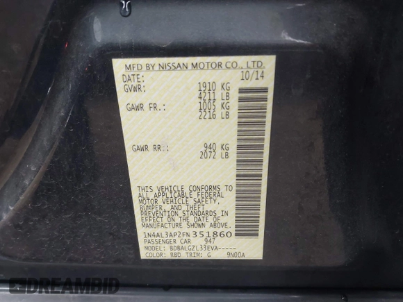 2015 Nissan Altima 2.5 S with VIN 1N4AL3AP2FN351860, listed as a IAAI auction lot 41844963 with 173,046 mi miles. Bid and sale history available at carsss.com. Image 9.