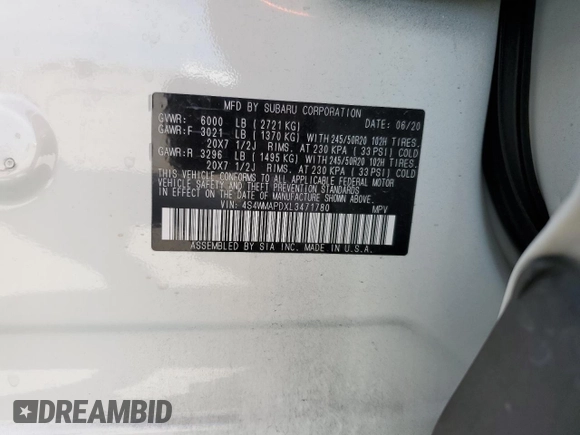 2020 Subaru Ascent Limited with VIN 4S4WMAPDXL3471780, listed as a Copart auction lot 58867023 with 34,204 mi miles. Bid and sale history available at carsss.com. Image 14.
