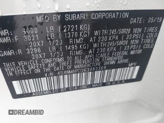 2019 Subaru Ascent Limited with VIN 4S4WMAPD2K3483369, listed as a IAAI auction lot 41167195 with 76,198 mi miles and . Bid and sale history available at DreamBid. Image 9.