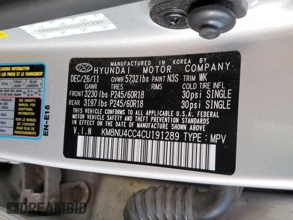 2012 Hyundai Veracruz Limited with VIN KM8NU4CC4CU191289, listed as a Copart auction lot 54613945 with 83,374 mi miles and Salvage title. Bid and sale history available at DreamBid. Image 13.