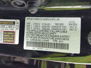 2020 Honda CR-V EX-L with VIN 5J6RW2H82LL002468, listed as a IAAI auction lot 41762091 with 65,607 mi miles. Bid and sale history available at carsss.com. Image 9.
