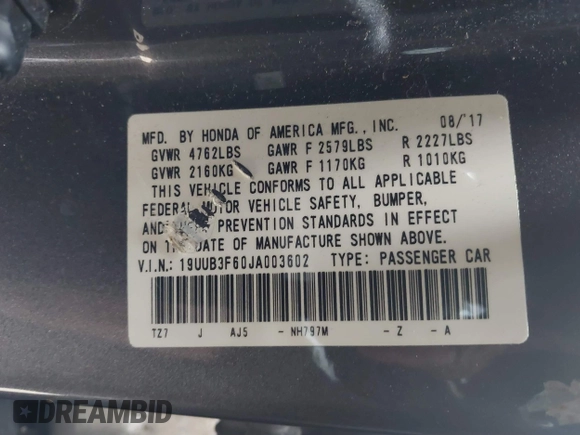 2018 Acura TLX w/A-SPEC Pkg with VIN 19UUB3F60JA003602, listed as a IAAI auction lot 41493147 with 92,060 mi miles and . Bid and sale history available at DreamBid. Image 9.