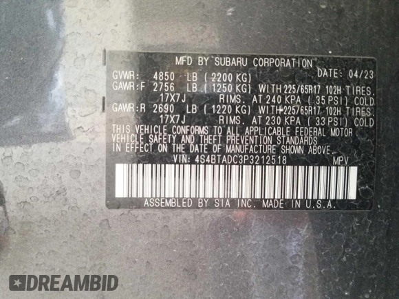 2023 Subaru Outback Premium with VIN 4S4BTADC3P3212518, listed as a IAAI auction lot 42774087 with 92,991 mi miles and . Bid and sale history available at DreamBid. Image 25.