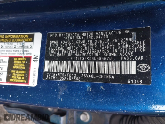 2011 Toyota Camry LE with VIN 4T1BF3EK0BU595670, listed as a IAAI auction lot 42019021 with 222,856 mi miles. Bid and sale history available at carsss.com. Image 9.
