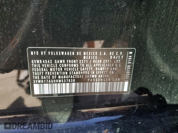 2017 Volkswagen Golf S z VIN 3VWH17AU0HM537838, wystawiony jako Copart lot #52188285 z przebiegiem 79 767 mil mil oraz Szkoda całkowita • Salvage title. Historia ofert i sprzedaży dostępna na DreamBid. Obrazek 15.