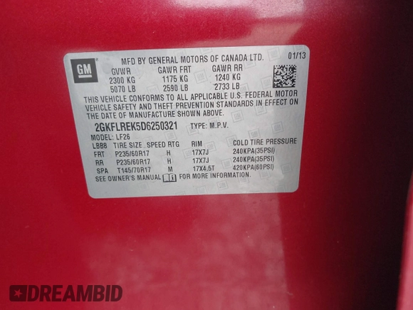 2013 GMC Terrain SLE with VIN 2GKFLREK5D6250321, listed as a IAAI auction lot 42158647 with 74,255 mi miles and . Bid and sale history available at DreamBid. Image 9.