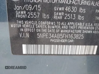 2015 Hyundai Sonata Sport with VIN 5NPE34AB5FH163825, listed as a IAAI auction lot 42013743 with Not Provided miles and . Bid and sale history available at carsss.com. Image 9.