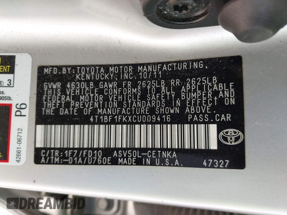 2012 Toyota Camry L z VIN 4T1BF1FKXCU009416, wystawiony jako IAAI lot #42136155 z przebiegiem 222 244 mil mil oraz . Historia ofert i sprzedaży dostępna na DreamBid. Obrazek 9.
