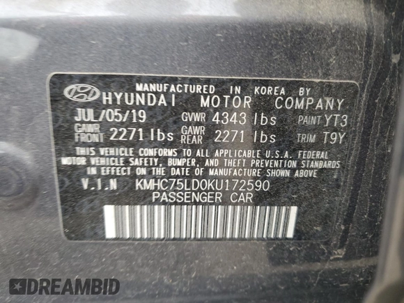 2019 Hyundai Ioniq Limited with VIN KMHC75LD0KU172590, listed as a Copart auction lot 60489925 with 45,059 mi miles and Salvage title. Bid and sale history available at DreamBid. Image 12.