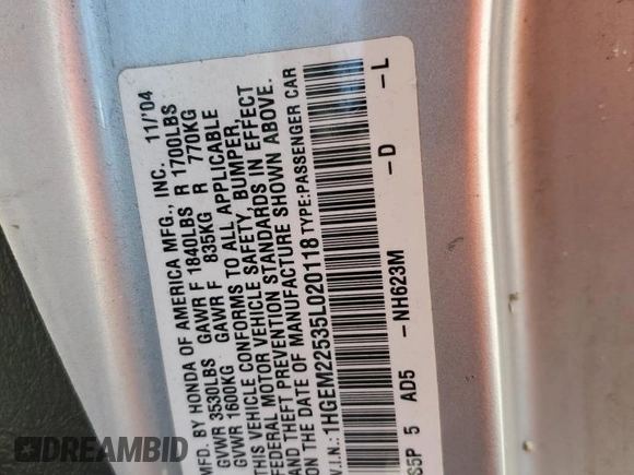 2005 Honda Civic Cpe LX with VIN 1HGEM22535L020118, listed as a Copart auction lot 52346185 with 148,777 mi miles and Salvage Title. Bid and sale history available at carsss.com. Image 14.
