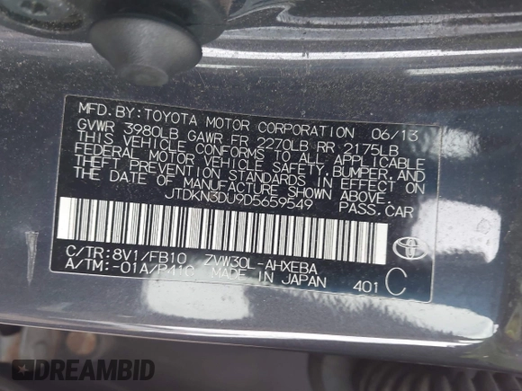 2013 Toyota Prius One with VIN JTDKN3DU9D5659549, listed as a IAAI auction lot 42088069 with 370,962 mi miles and . Bid and sale history available at DreamBid. Image 9.