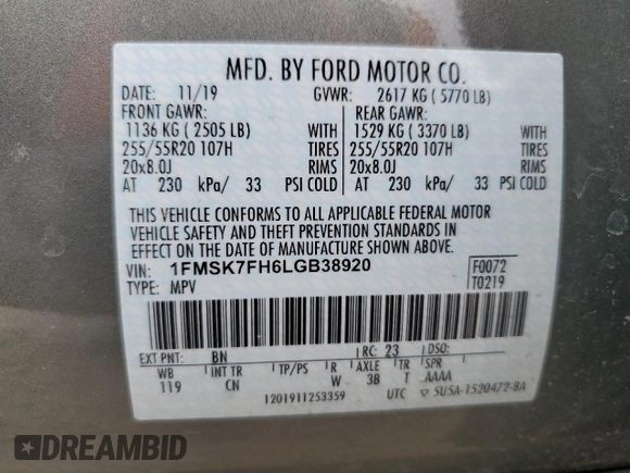 2020 Ford Explorer Limited with VIN 1FMSK7FH6LGB38920, listed as a Copart auction lot 54389035 with 71,250 mi miles and Salvage Title. Bid and sale history available at carsss.com. Image 13.