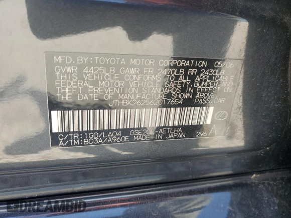 2006 Lexus IS 250 z VIN JTHBK262562017654, wystawiony jako Copart lot #55557615 z przebiegiem 188 537 mil mil oraz Szkoda całkowita • Salvage title. Historia ofert i sprzedaży dostępna na DreamBid. Obrazek 13.