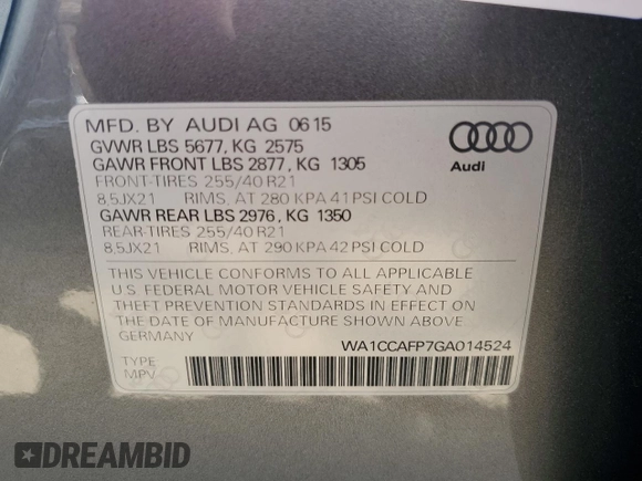 2016 Audi SQ5 Premium Plus with VIN WA1CCAFP7GA014524, listed as a Copart auction lot 68637913 with 73,177 mi miles. Bid and sale history available at carsss.com. Image 13.