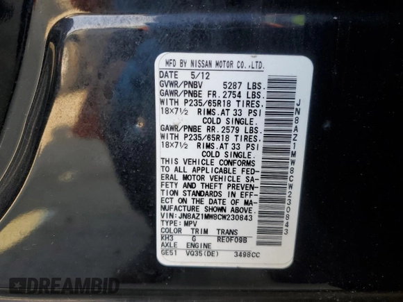 2012 Nissan Murano S with VIN JN8AZ1MW8CW230843, listed as a Copart auction lot 49049125 with 212,382 mi miles and Salvage Title. Bid and sale history available at DreamBid. Image 13.