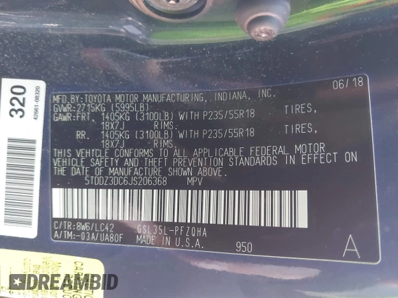 2018 Toyota Sienna XLE with VIN 5TDDZ3DC6JS206368, listed as a IAAI auction lot 41635138 with 44,578 mi miles. Bid and sale history available at carsss.com. Image 9.