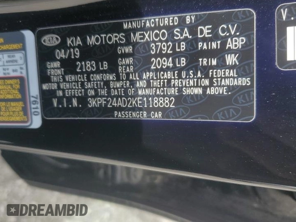 2019 Kia Forte LXS with VIN 3KPF24AD2KE118882, listed as a Copart auction lot 51083565 with 0 mi miles and Salvage Title. Bid and sale history available at carsss.com. Image 13.