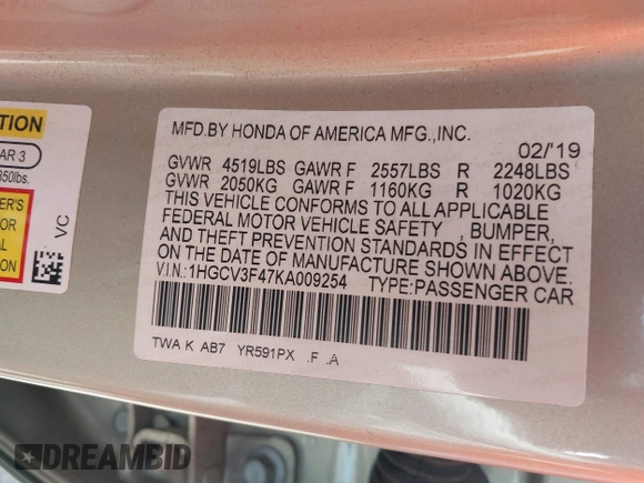 2019 Honda Accord EX z VIN 1HGCV3F47KA009254, wystawiony jako IAAI lot #42271892 z przebiegiem 107 552 mil mil oraz . Historia ofert i sprzedaży dostępna na DreamBid. Obrazek 9.