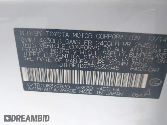 2015 Lexus IS 250 with VIN JTHBF1D23F5063645, listed as a IAAI auction lot 42032522 with 265,020 mi miles and . Bid and sale history available at carsss.com. Image 9.