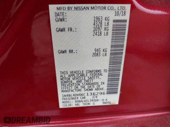 2019 Nissan Altima SV z VIN 1N4BL4DV6KC136296, wystawiony jako IAAI lot #41709858 z przebiegiem 92 038 mil mil oraz . Historia ofert i sprzedaży dostępna na DreamBid. Obrazek 9.