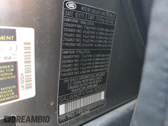 2017 Land Rover Range Rover Sport HSE z VIN SALWR2FV1HA162524, wystawiony jako Copart lot #54101265 z przebiegiem 132 454 mil mil oraz Szkoda całkowita • Salvage title. Historia ofert i sprzedaży dostępna na DreamBid. Obrazek 13.