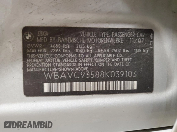 2008 BMW 3 Series 328xi z VIN WBAVC93588K039103, wystawiony jako Copart lot #52604335 z przebiegiem 149 843 mil mil oraz Nie do naprawy • Non repairable. Historia ofert i sprzedaży dostępna na DreamBid. Obrazek 12.