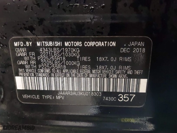 2019 Mitsubishi Outlander Sport ES 2.0 with VIN JA4AR3AU3KU018303, listed as a IAAI auction lot 38428365 with 48,945 mi miles. Bid and sale history available at carsss.com. Image 9.