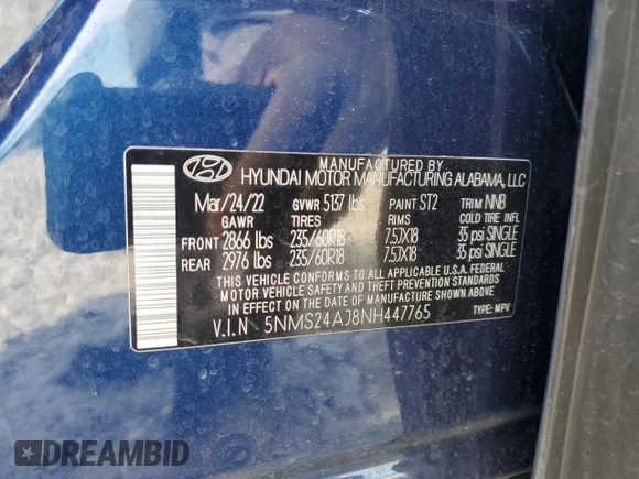 2022 Hyundai Santa Fe SEL z VIN 5NMS24AJ8NH447765, wystawiony jako Copart lot #56355245 z przebiegiem 48 904 mil mil oraz Szkoda całkowita • Salvage title. Historia ofert i sprzedaży dostępna na DreamBid. Obrazek 13.