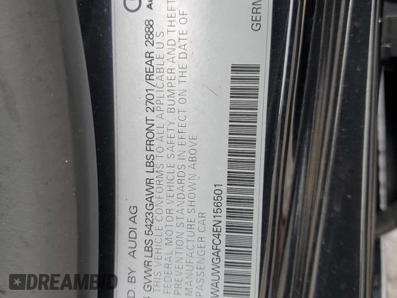2014 Audi A7 Premium Plus with VIN WAUWGAFC4EN156501, listed as a Copart auction lot 58092255 with Not provided miles and Salvage title. Bid and sale history available at DreamBid. Image 12.