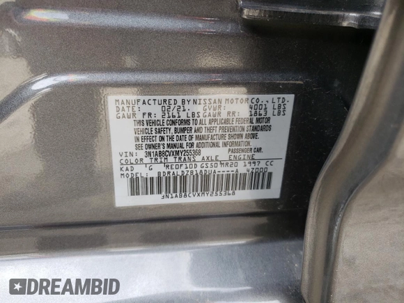 2021 Nissan Sentra SV with VIN 3N1AB8CVXMY255368, listed as a Copart auction lot 49578035 with 72,232 mi miles and Salvage Title. Bid and sale history available at DreamBid. Image 12.