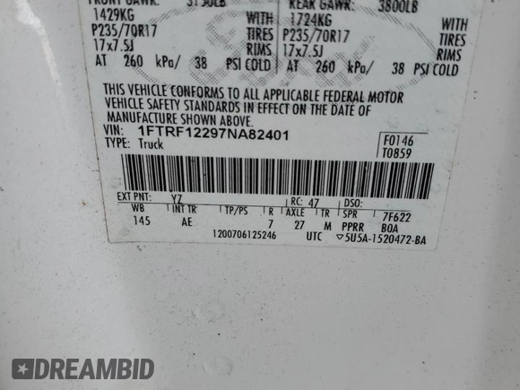 2007 Ford F-150 XL with VIN 1FTRF12297NA82401, listed as a Copart auction lot 58295705 with 198,470 mi miles and Salvage title. Bid and sale history available at DreamBid. Image 12.