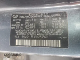 2009 Hyundai Santa Fe Limited with VIN 5NMSH13E49H233360, listed as a Copart auction lot 49958795 with 214,328 mi miles and Salvage title. Bid and sale history available at DreamBid. Image 13.