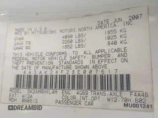2008 Mitsubishi Eclipse GS z VIN 4A3AK24F28E007617, wystawiony jako IAAI lot #41877110 z przebiegiem 193 999 mil mil oraz . Historia ofert i sprzedaży dostępna na DreamBid. Obrazek 9.