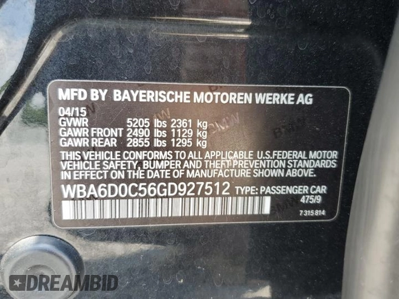 2016 BMW 6 Series 640i with VIN WBA6D0C56GD927512, listed as a Copart auction lot 57964824 with 0 mi miles and Salvage Title. Bid and sale history available at carsss.com. Image 12.