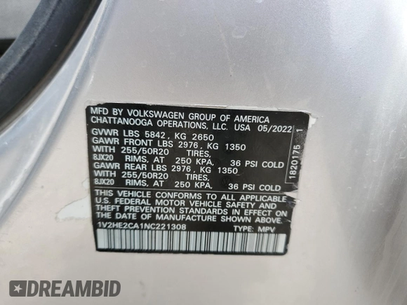 2022 Volkswagen Atlas SE with VIN 1V2HE2CA1NC221308, listed as a Copart auction lot 54769555 with Not provided miles and Clean title. Bid and sale history available at DreamBid. Image 13.