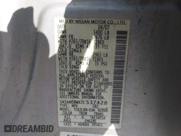 2007 Nissan Xterra SE with VIN 5N1AN08WX7C537428, listed as a IAAI auction lot 41511818 with 151,558 mi miles and . Bid and sale history available at DreamBid. Image 9.